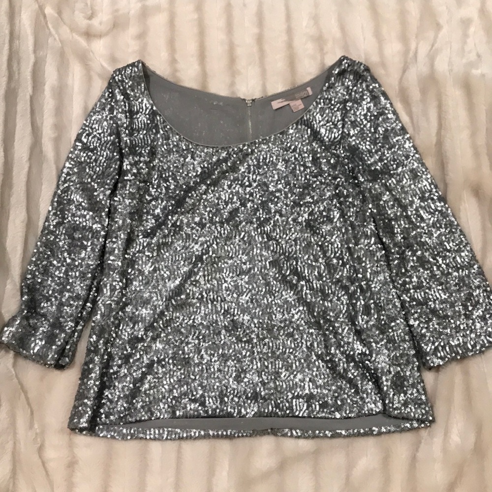 Silver Embellished Sequin 3/4 Sleeve Top